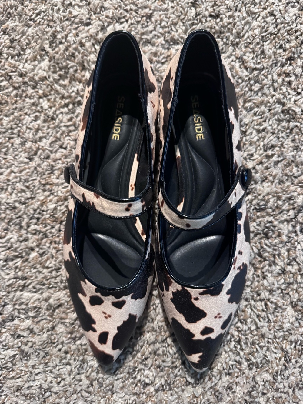 Seaside Cow-Print Mary Jane Flats - Black & Cream